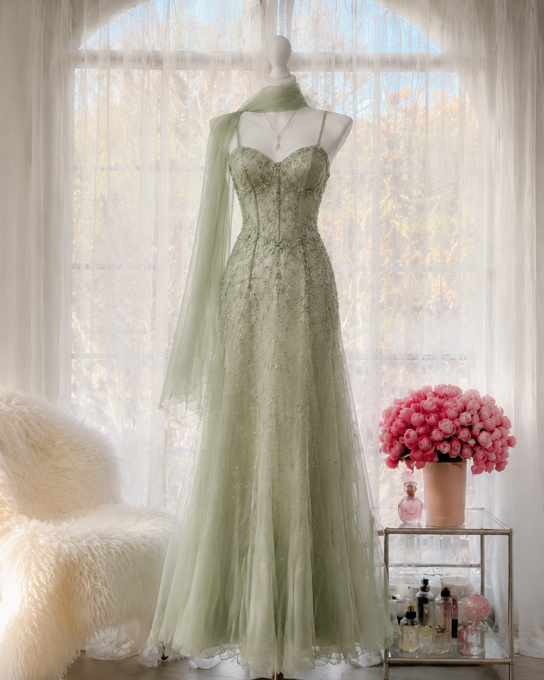 Chic Green Prom Dress Spaghetti Straps A-Line Beaded Tulle Long Evening Dress  DP05501