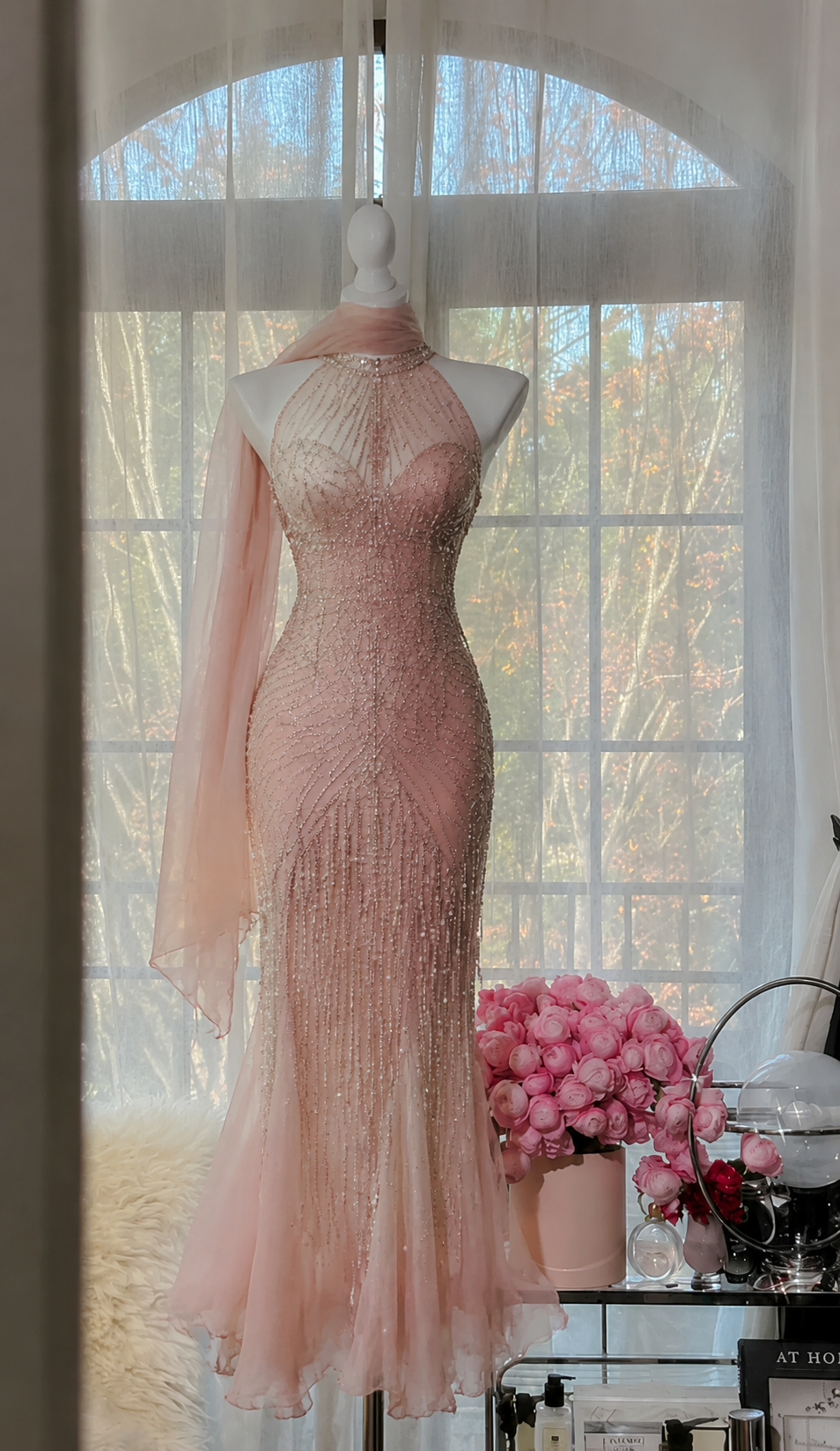 Chic Pink Prom Dress Halter Sheath Beaded Chiffon Long Evening Dress DP05503