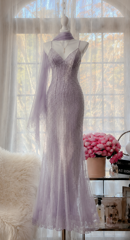 Chic Lavender Prom Dress Spaghetti Straps Sheath Beaded Chiffon Long Evening Dress  DP05504