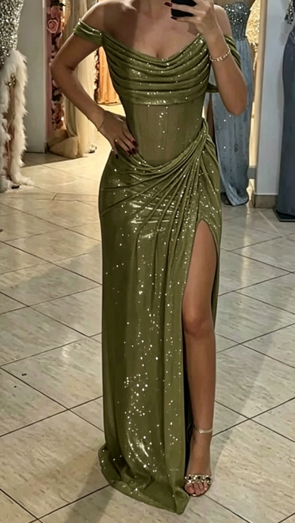 Elegant Off-shoulder Sheath Sequins Long Evening Dress Olive Green Prom Dress with Slit DP05505