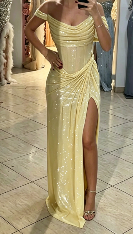 Elegant Off-shoulder Sheath Sequins Long Evening Dress Olive Green Prom Dress with Slit DP05505