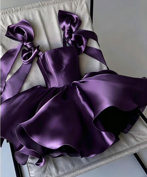 Elegant Spaghetti Straps A-Line Birthday Dress Satin Graduation Party Dress Purple Short Prom Dress  DP05506