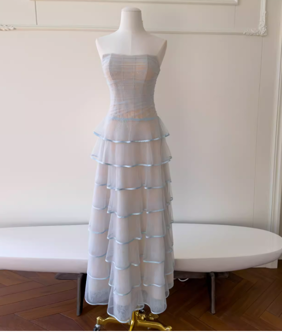 Elegant Strapless A-Line Tulle Long Evening Dress Blue Prom Dress DP05514