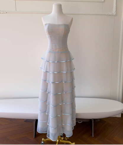 Elegant Strapless A-Line Tulle Long Evening Dress Blue Prom Dress DP05514