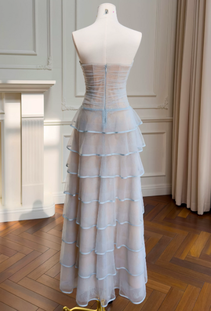 Elegant Strapless A-Line Tulle Long Evening Dress Blue Prom Dress DP05514