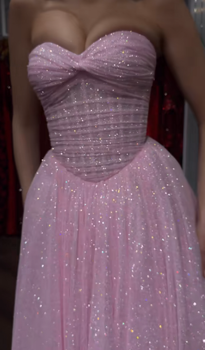 Elegant Sweetheart A-Line Tulle Long Evening Dress Glitter Pink Prom Dress DP05524