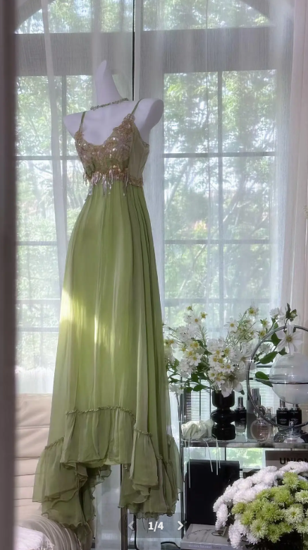 Chic Spaghetti Straps A-Line Chiffon Long Evening Dress Beaded Green Prom Dress DP05525