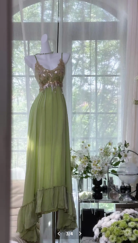 Chic Spaghetti Straps A-Line Chiffon Long Evening Dress Beaded Green Prom Dress DP05525