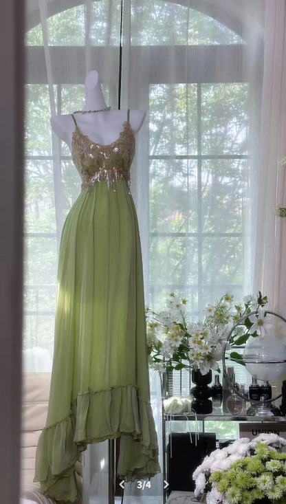 Chic Spaghetti Straps A-Line Chiffon Long Evening Dress Beaded Green Prom Dress DP05525