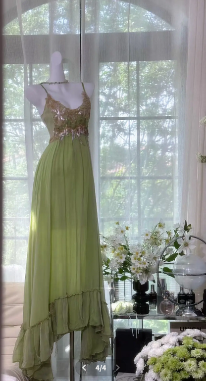 Chic Spaghetti Straps A-Line Chiffon Long Evening Dress Beaded Green Prom Dress DP05525