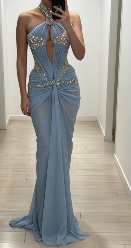 Chic Halter Sheath Chiffon Long Evening Dress Dusty Blue Prom Dress DP05529