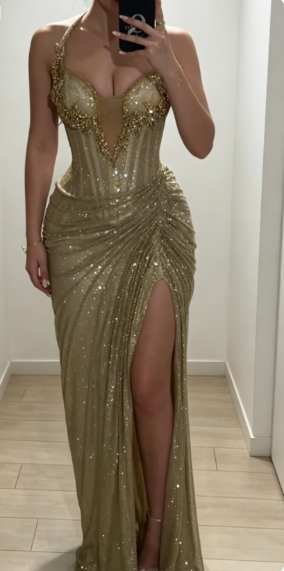 Chic Halter Sheath Chiffon Long Evening Dress Gold Prom Dress with Slit DP05530