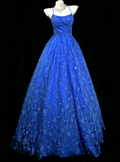 Chic Spaghetti Straps Ball Gown Sweet 16 Dress Lace Long Prom Dress Royal Blue Quinceanera Dress DP05532