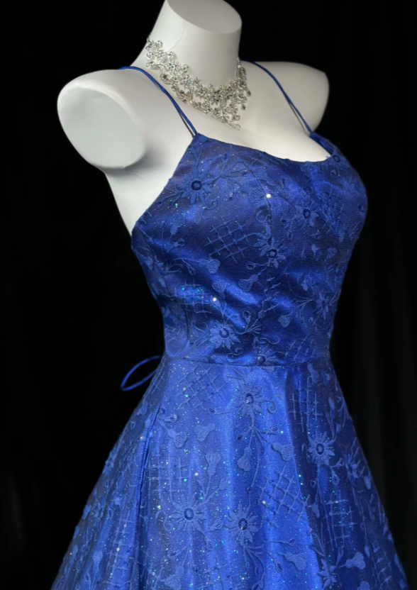 Chic Spaghetti Straps Ball Gown Sweet 16 Dress Lace Long Prom Dress Royal Blue Quinceanera Dress DP05532