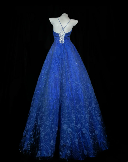 Chic Spaghetti Straps Ball Gown Sweet 16 Dress Lace Long Prom Dress Royal Blue Quinceanera Dress DP05532