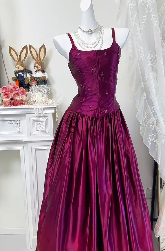 Chic Spaghetti Straps A-Line Satin Long Evening Dress Grape Prom Dress DP05533