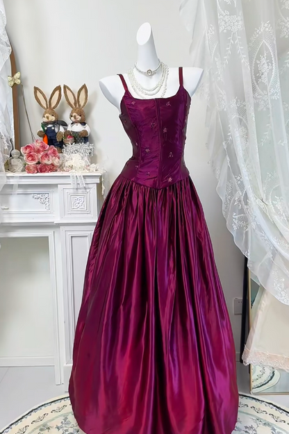 Chic Spaghetti Straps A-Line Satin Long Evening Dress Grape Prom Dress DP05533