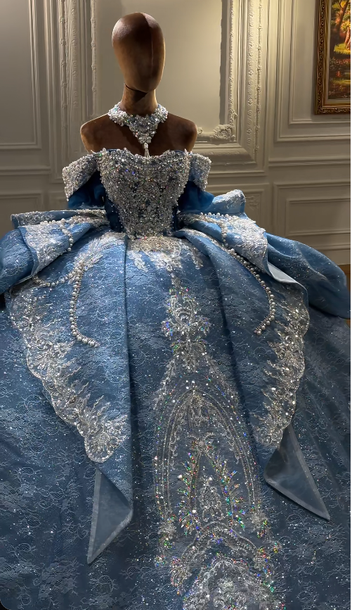 Chic Off-shoulder Ball Gown Quinceanera Dress Dusty Blue Sweet 16 Dress Lace Beaded Long prom Dress DP05536