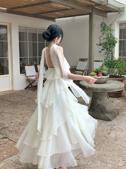 Chic White Bridesmaid Dress Sheath Chiffon Long Evening Dress DP05537