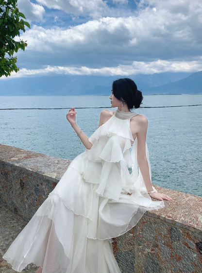 Chic White Bridesmaid Dress Sheath Chiffon Long Evening Dress DP05537