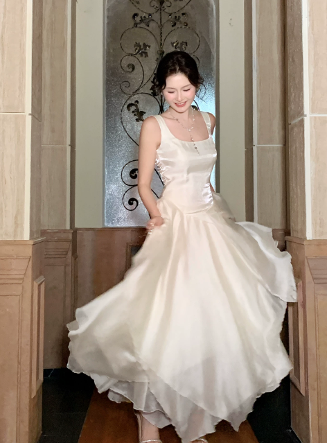 Chic Straps A-Line Birthday Dress White Vacation Dress Chiffon Long Evening Dress DP05538