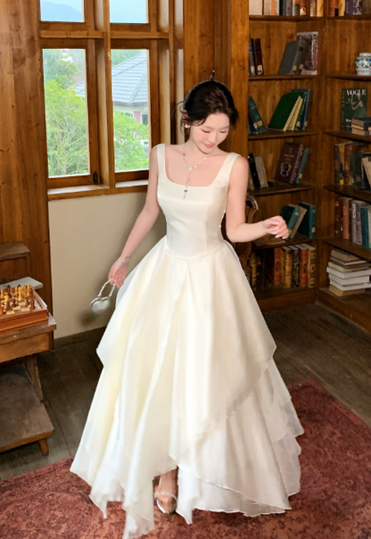 Chic Straps A-Line Birthday Dress White Vacation Dress Chiffon Long Evening Dress DP05538