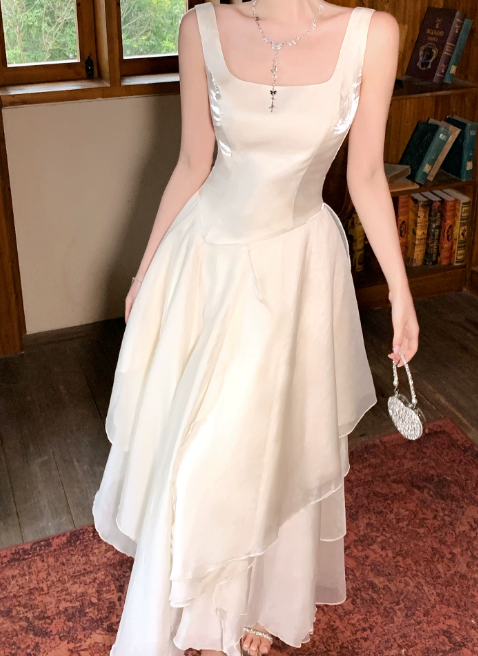 Chic Straps A-Line Birthday Dress White Vacation Dress Chiffon Long Evening Dress DP05538