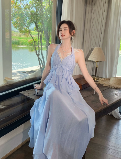 Chic Halter A-Line Birthday Dress Blue Vacation Dress Chiffon Long Evening Dress DP05539