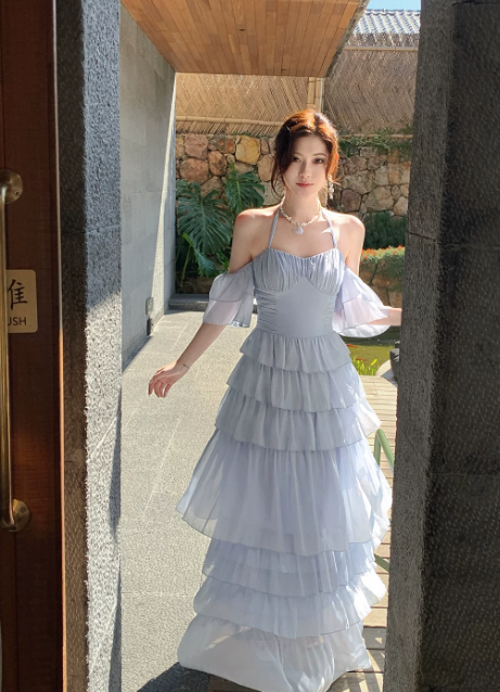 Chic Spaghetti Straps A-Line Birthday Dress Blue Vacation Dress Chiffon Long Evening Dress DP05540