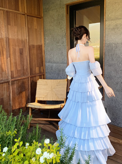 Chic Spaghetti Straps A-Line Birthday Dress Blue Vacation Dress Chiffon Long Evening Dress DP05540
