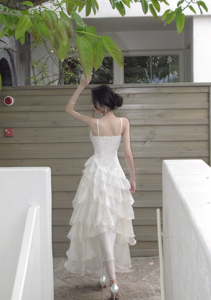 Chic Spaghetti Straps A-Line Birthday Dress White Wedding Guest Dress Chiffon Long Evening Dress DP05541