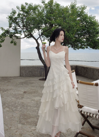 Chic Spaghetti Straps A-Line Birthday Dress White Wedding Guest Dress Chiffon Long Evening Dress DP05541