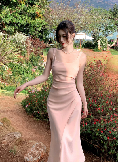 Chic Spaghetti Straps Sheath Birthday Dress Pink Wedding Guest Dress Satin Long Evening Dress DP05542