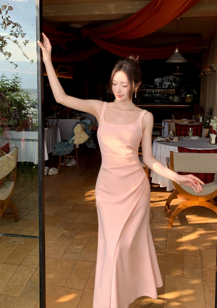 Chic Spaghetti Straps Sheath Birthday Dress Pink Wedding Guest Dress Satin Long Evening Dress DP05542