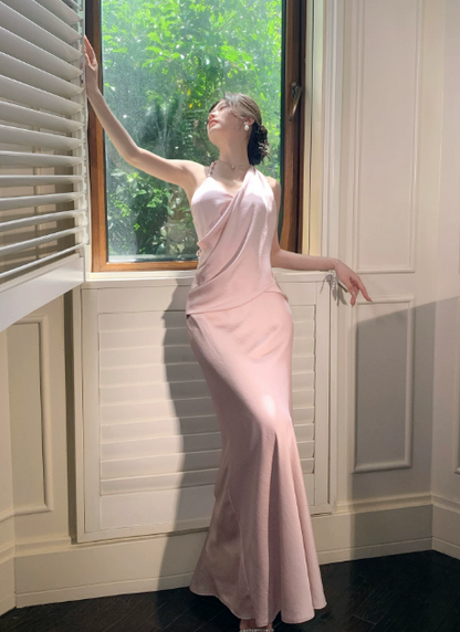 Chic Halter Sheath Birthday Dress Pink Wedding Guest Dress Satin Long Evening Dress DP05543