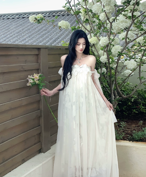 Chic Off-shoulder Sheath Vacation Dress White Wedding Guest Dress Chiffon  Beach Party Dress DP05544