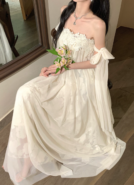 Chic Off-shoulder Sheath Vacation Dress White Wedding Guest Dress Chiffon  Beach Party Dress DP05544