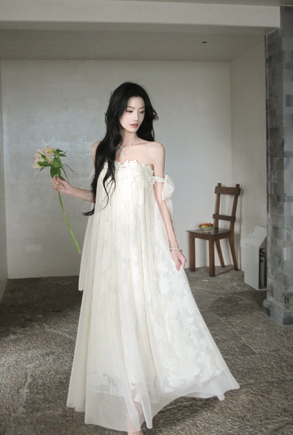 Chic Off-shoulder Sheath Vacation Dress White Wedding Guest Dress Chiffon  Beach Party Dress DP05544