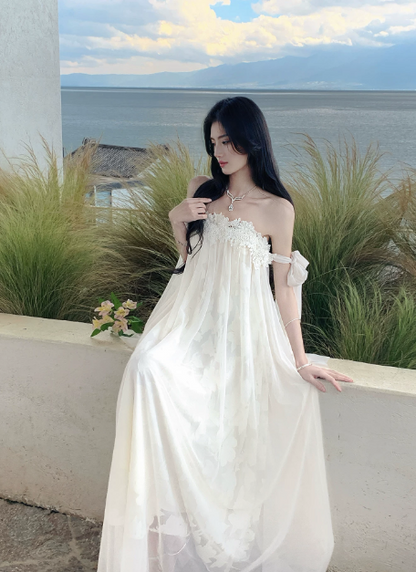 Chic Off-shoulder Sheath Vacation Dress White Wedding Guest Dress Chiffon  Beach Party Dress DP05544