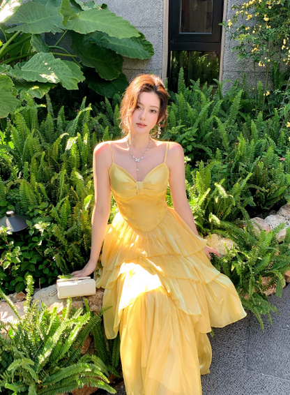 Chic Spaghetti Straps A-Line Vacation Dress Yellow Wedding Guest Dress Chiffon Beach Party Dress DP05545