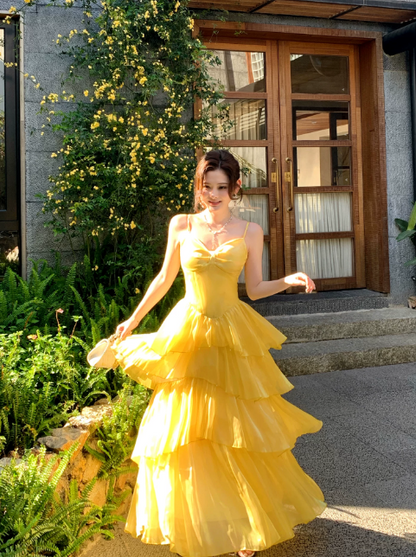 Chic Spaghetti Straps A-Line Vacation Dress Yellow Wedding Guest Dress Chiffon Beach Party Dress DP05545