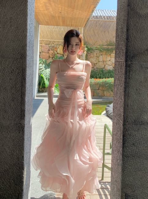Chic Spaghetti Straps A-Line Long Evening Dress Pink Birthday Dress Chiffon Party Dress DP05546
