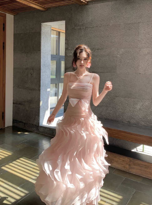 Chic Spaghetti Straps A-Line Long Evening Dress Pink Birthday Dress Chiffon Party Dress DP05546