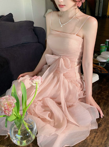 Chic Spaghetti Straps A-Line Long Evening Dress Pink Birthday Dress Chiffon Party Dress DP05546