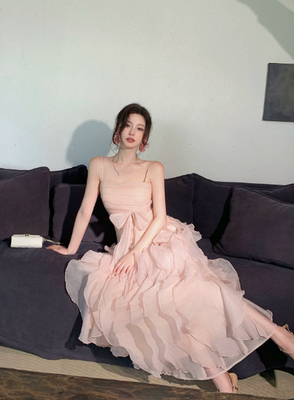 Chic Spaghetti Straps A-Line Long Evening Dress Pink Birthday Dress Chiffon Party Dress DP05546