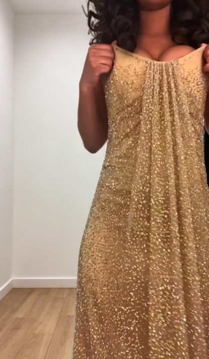 Chic Strapless Sheath Long Evening Dress Gold Birthday Dress Tulle Party Dress DP05547