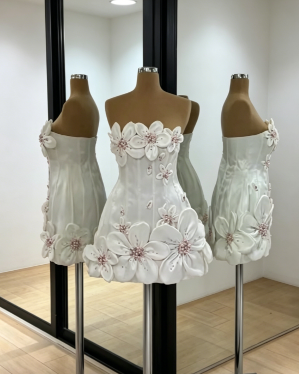 Chic Strapless Sheath Short Prom Dress Satin Appliques Birthday Dress White Evening Dress DP05548