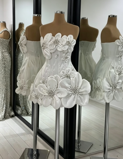 Chic Strapless Sheath Short Prom Dress Satin Appliques Birthday Dress White Evening Dress DP05548