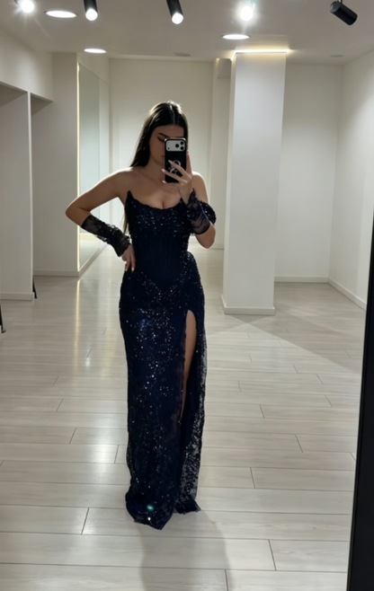 Chic Strapless Sheath Lace Long Evening Dress Navy Blue Prom Dress with Slit DP05551