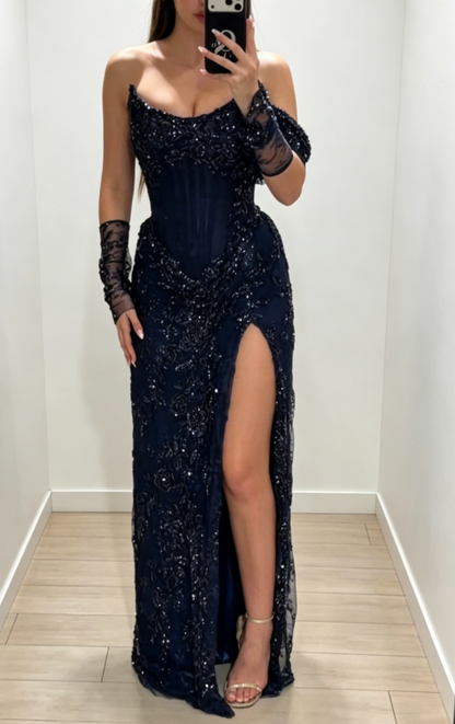 Chic Strapless Sheath Lace Long Evening Dress Navy Blue Prom Dress with Slit DP05551